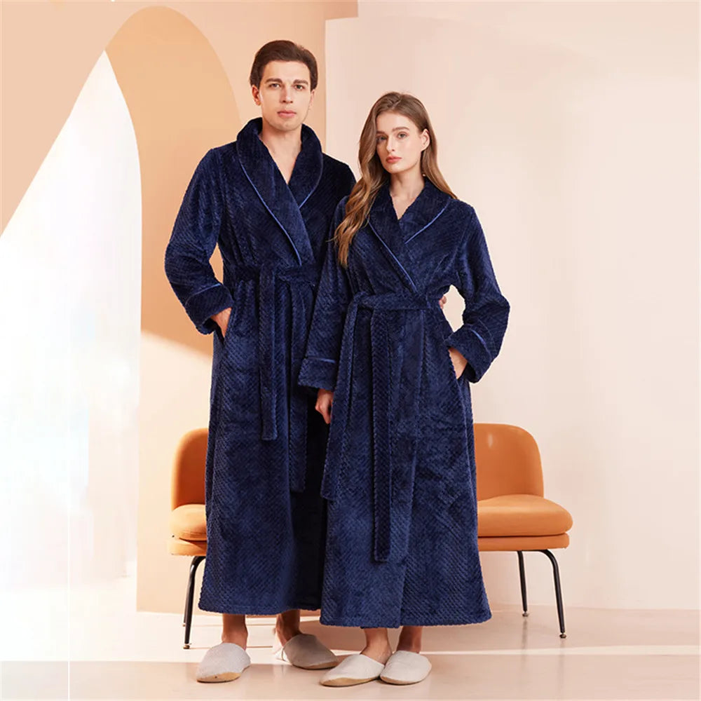 White Thickened Couple's Nightgown Women's Extended Flannel Bathrobe Couple Pajamas Casual Bathrobe Home Clothing