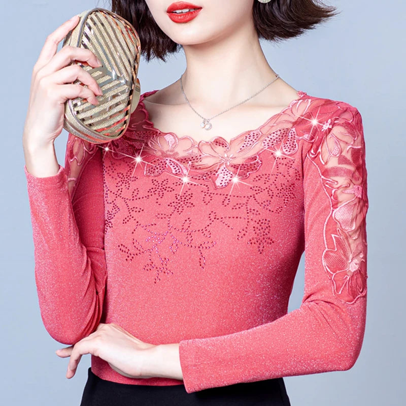 Spring Autumn Long Sleeve Mesh Shirt Round Neck Patchwork Women Lace Tops Korean Fashion Diamond T Shirt