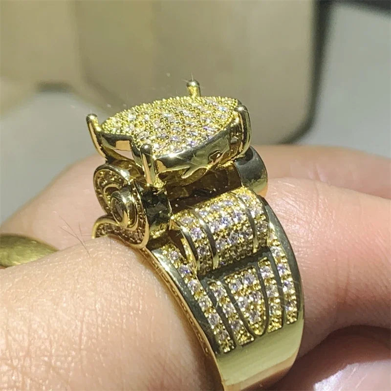 Brand Sparkling Luxury Jewelry Yellow Gold Color 18K Gold Fill Pave White 5A Zircon Party Eternity Women Wedding Ring