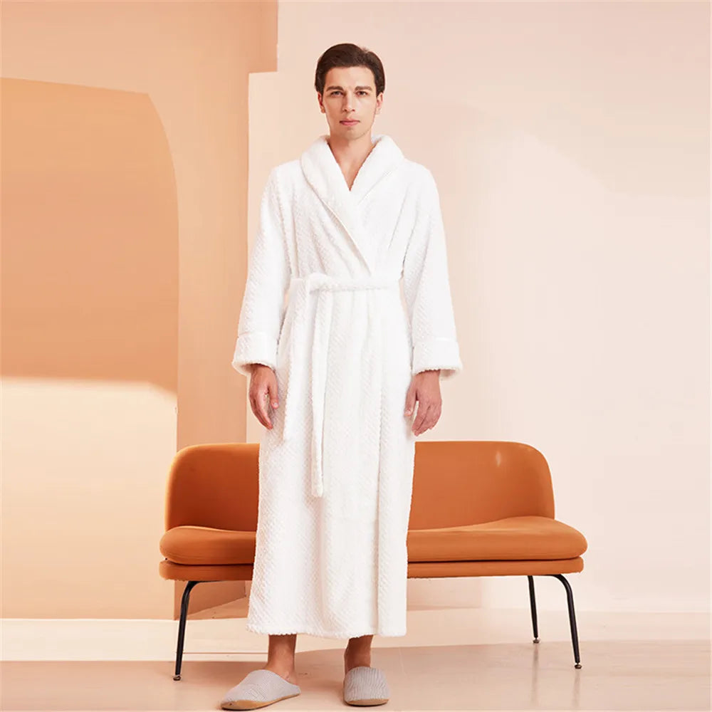 White Thickened Couple's Nightgown Women's Extended Flannel Bathrobe Couple Pajamas Casual Bathrobe Home Clothing