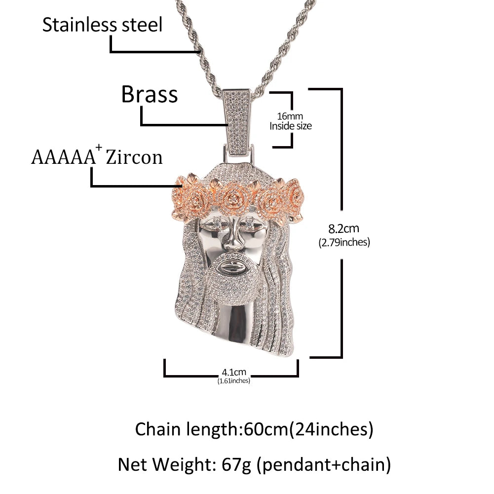 UWIN Iced Out 2 Tone Jesus Pendant Necklaces with Rose Prong Setting 5A+ Cubic Zirconia Charms Fashion Jewelry for Gift