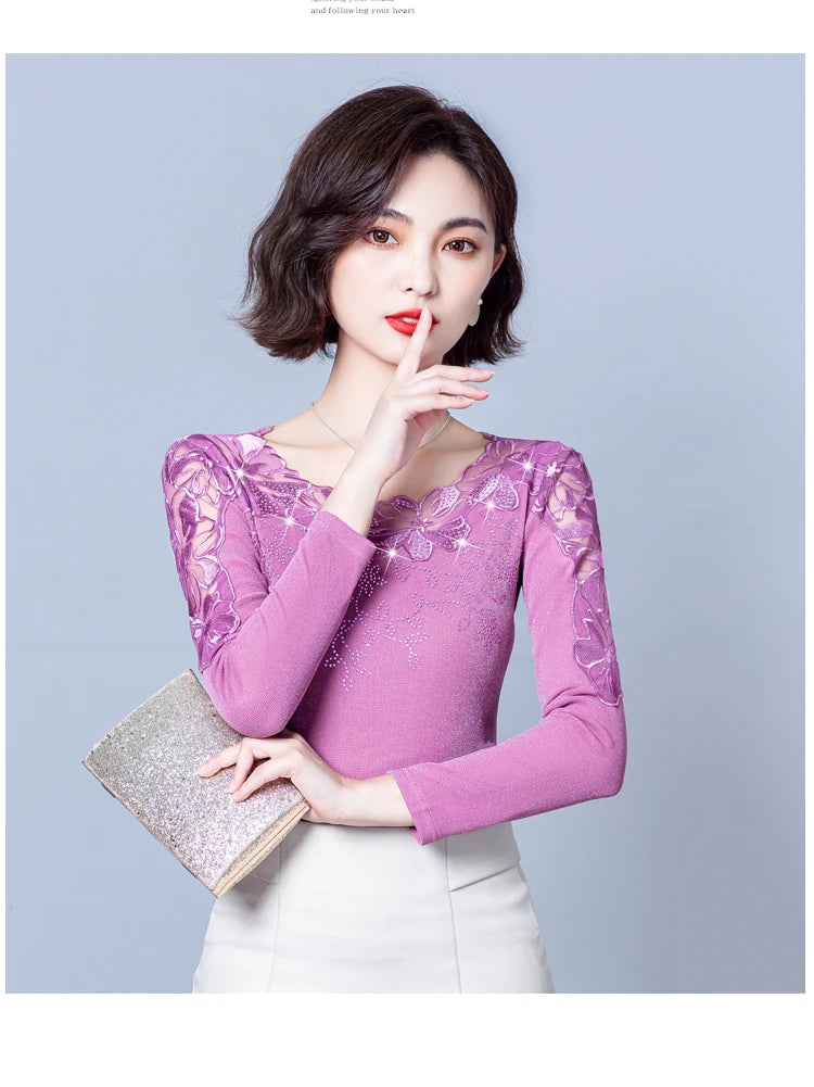 Spring Autumn Long Sleeve Mesh Shirt Round Neck Patchwork Women Lace Tops Korean Fashion Diamond T Shirt