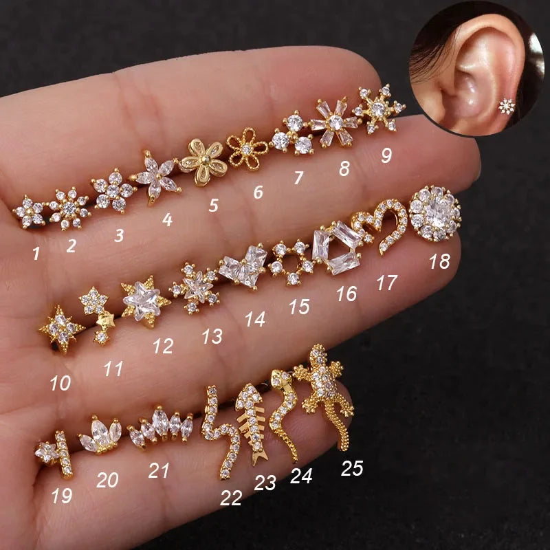1Pc 20g Helix Piercing Jewelry Conch Rook Lobe Tragus Stud New Rose Gold Color Plants And Animals Cz Cartilage Earring