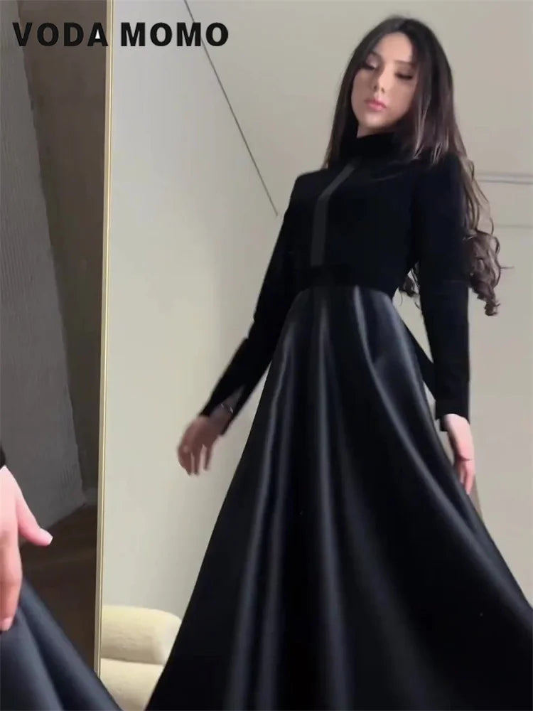 Elegant Dresses Slim Spring Autumn Evening Dresses Female Solid Velvet Dress Ladies Waisted Long Round-Neck Clothes for Women