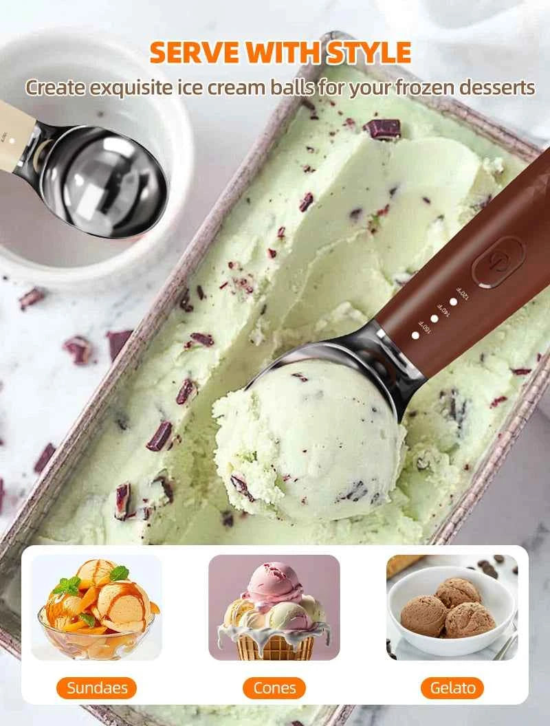 Heated Ice Cream Scoop Spoon, 3 Temperature Settings 120°F/140°F/160°F, 2600mAh Rechargeable, IPX6 Waterproof, Easy Scooping