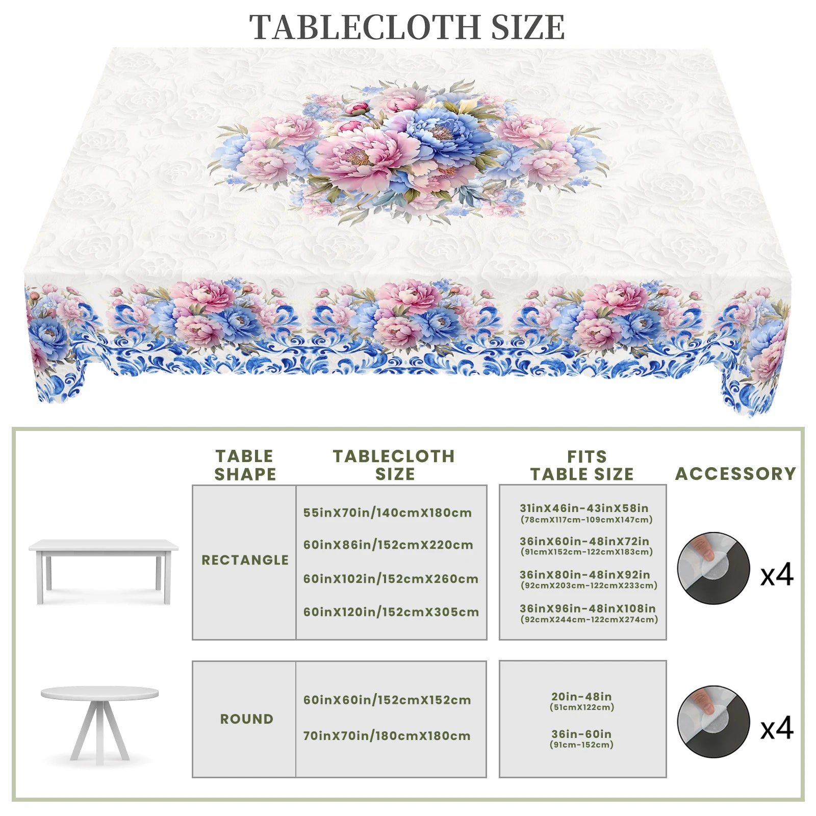1 Piece of Floral Round Tablecloth, 5 Sizes Available, Blue Blue and White Porcelain Pattern Printed Tablecloth, Edge Embossing Process, Spring Garden Tablecloth Decoration, Tablecloth for Daily Home Kitchen, Terrace, Spring