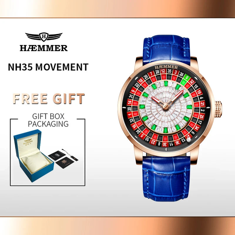 HAEMMER Luxury Men's Mechanical Watch NH35 Men's Roulette Rotary Sapphire Glass Watch Waterproof