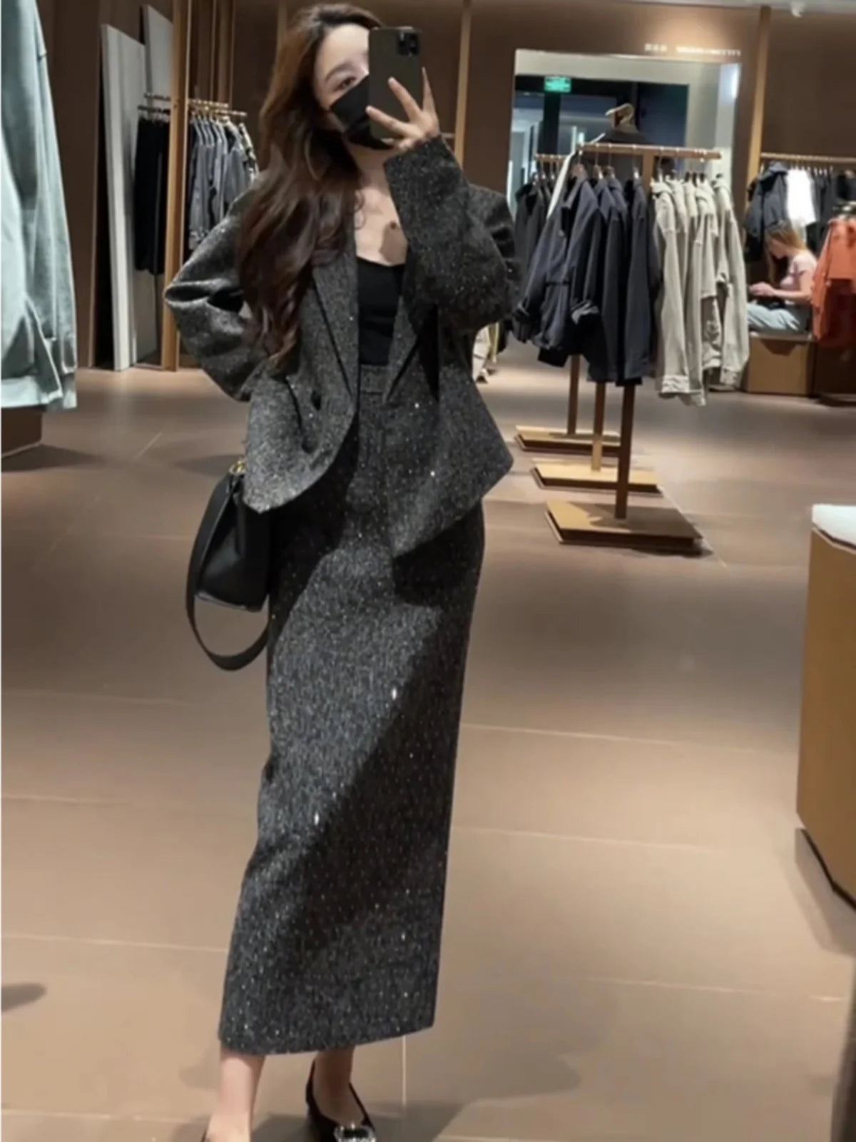 Spring Faion Diamond Embedded Suit Women's Sli f-length Skirt Quali Small Fraance Sle Two-piece Set