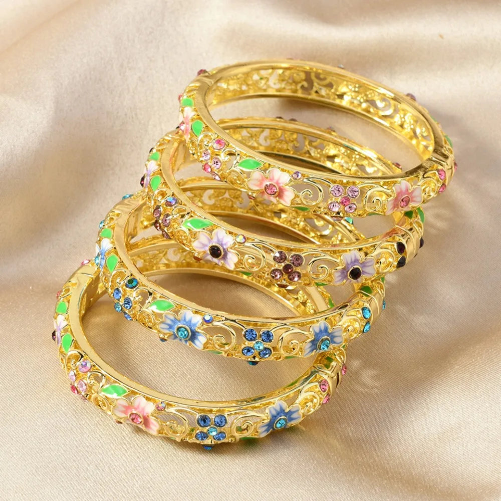 Ethnic Luxury Gold Color Hollowed-out Jingtai Blue Enamel Dripping Glaze Lucky Four-Leaf Clover Zircon Bangles for Women Jewelry