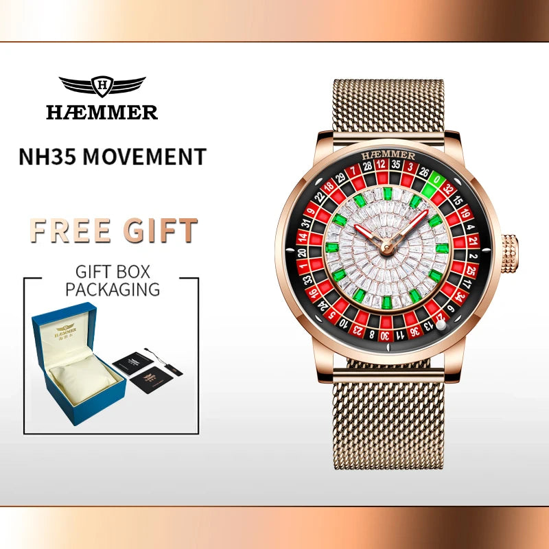 HAEMMER Luxury Men's Mechanical Watch NH35 Men's Roulette Rotary Sapphire Glass Watch Waterproof