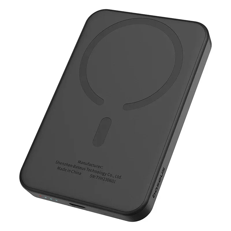 Black portable wireless power bank with MagSafe compatibility and USB-C port