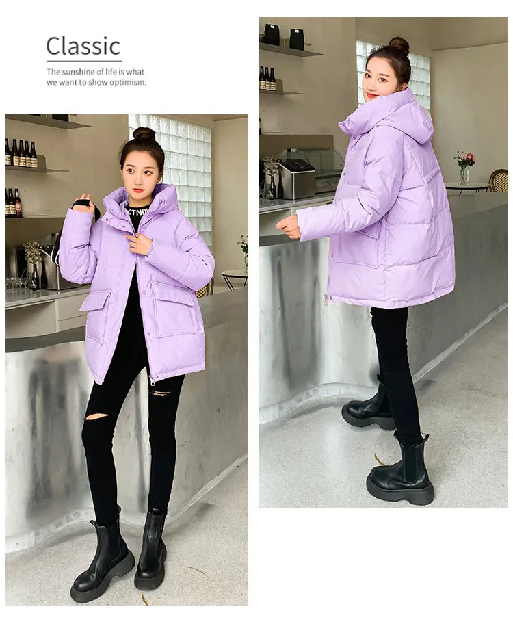 Clothing Women Cotton-Padded Jacket 2025 New Casual Elegant Loose Solid Color Warm Hooded Winter Warm Women Cotton Jacket H537