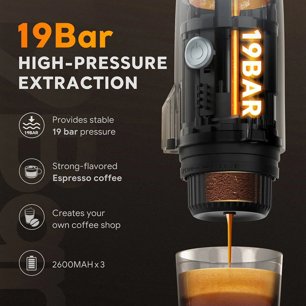 Portable Electric Espresso Machine Travel Coffee Maker for Camping 3 in 1 Self-Heating for Ground Coffee & DG NS Capsule Pods