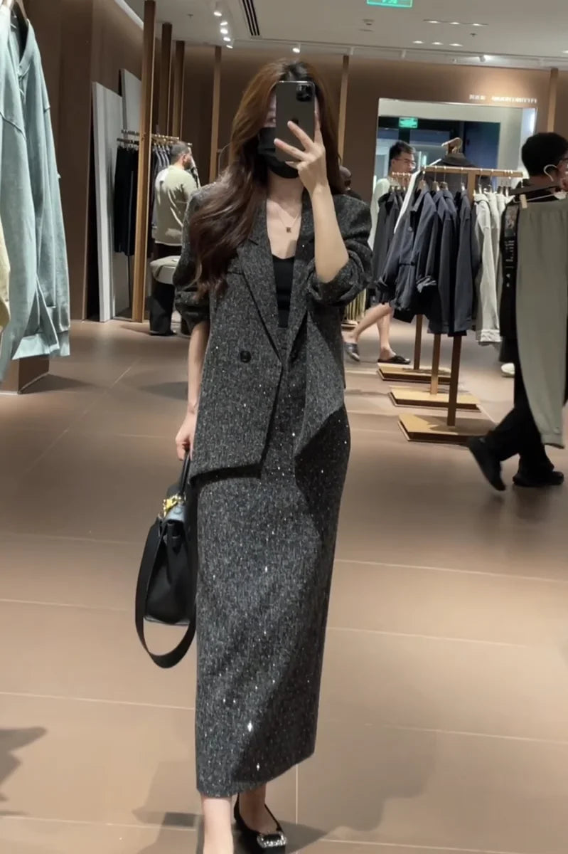 Spring Faion Diamond Embedded Suit Women's Sli f-length Skirt Quali Small Fraance Sle Two-piece Set
