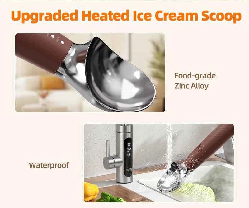 Heated Ice Cream Scoop Spoon, 3 Temperature Settings 120°F/140°F/160°F, 2600mAh Rechargeable, IPX6 Waterproof, Easy Scooping