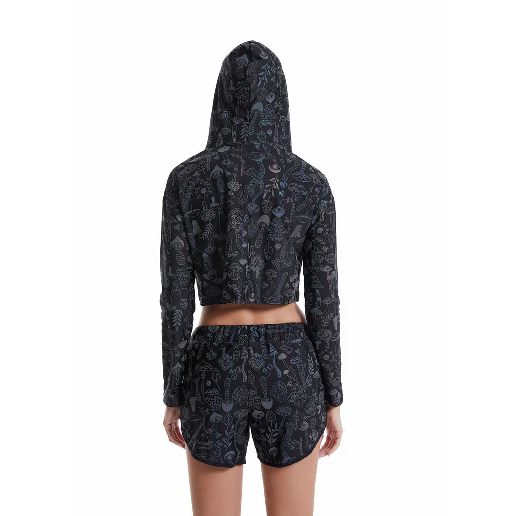 Spring Autumn Women Colorful Reflective Pullover Hoodies Y2K Harajuku Mushroom Printed Long Sleeve Crop Tops sudadera кофта
