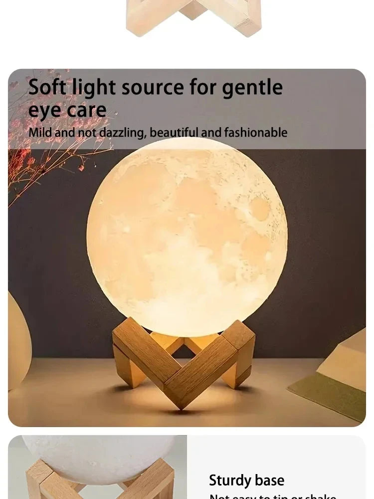 Lunar LED Night Light, Dimmable Bedroom Lamp, USB Powered Ambient Lighting for Desk, Camping, Gift, 3 Color Changing Mood Lamp