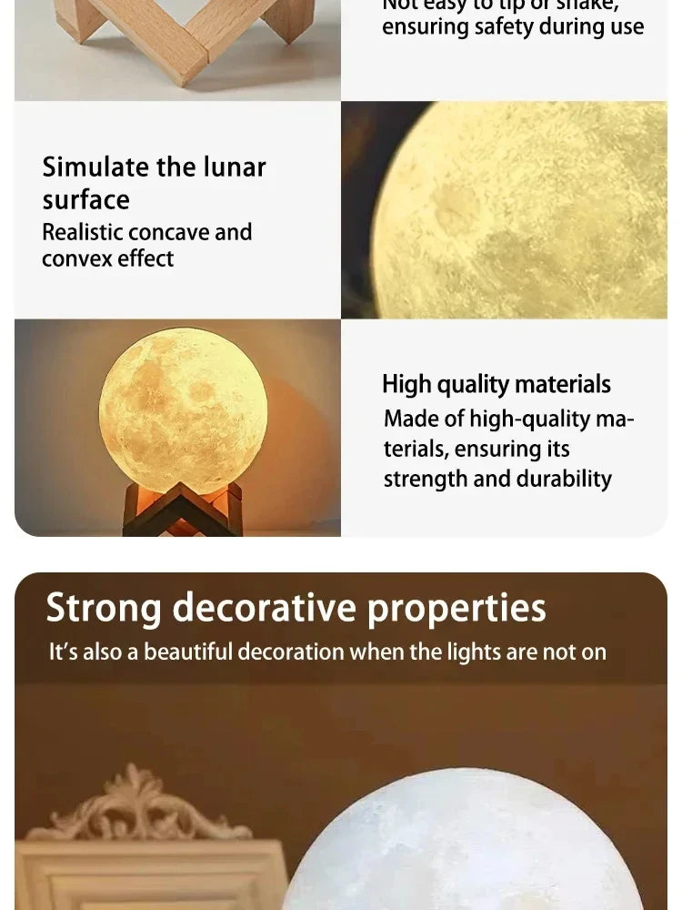 Lunar LED Night Light, Dimmable Bedroom Lamp, USB Powered Ambient Lighting for Desk, Camping, Gift, 3 Color Changing Mood Lamp