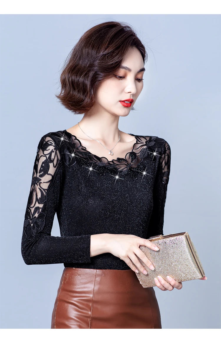 Spring Autumn Long Sleeve Mesh Shirt Round Neck Patchwork Women Lace Tops Korean Fashion Diamond T Shirt