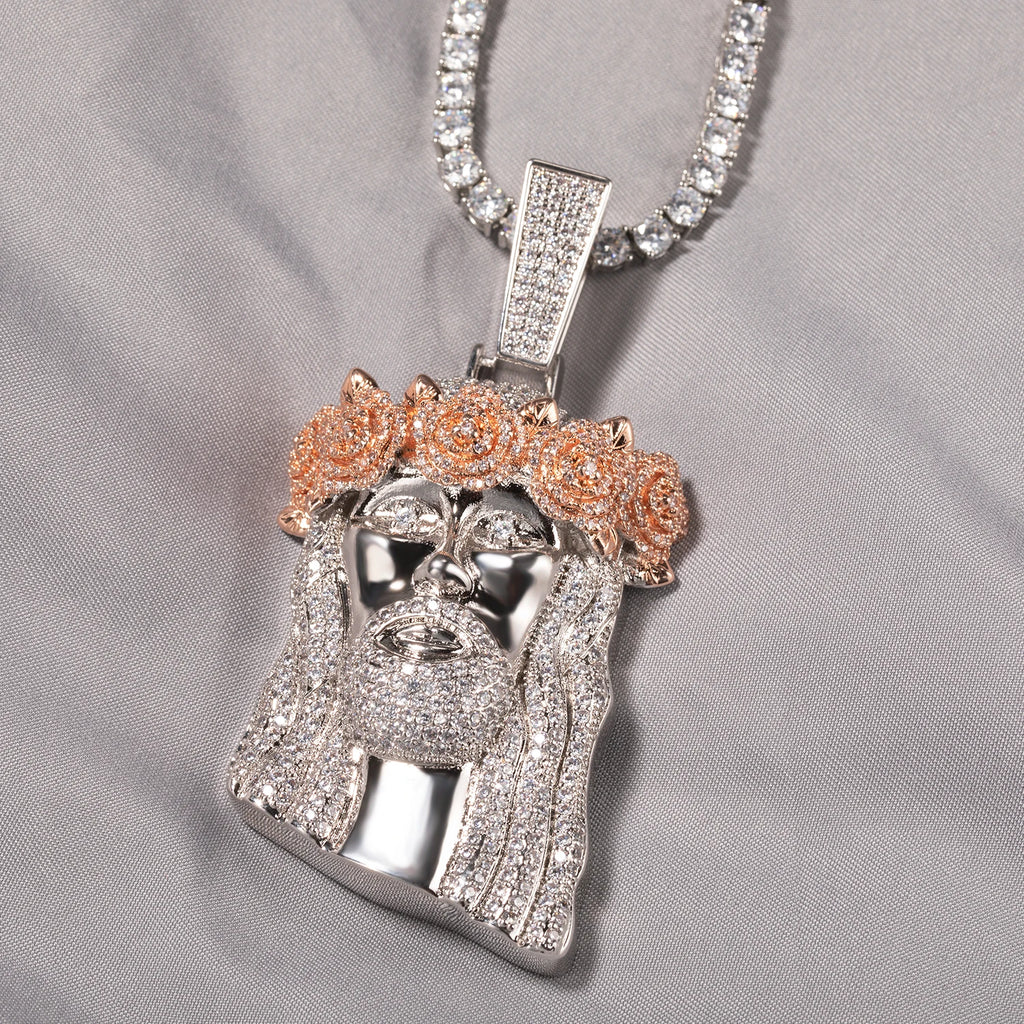 UWIN Iced Out 2 Tone Jesus Pendant Necklaces with Rose Prong Setting 5A+ Cubic Zirconia Charms Fashion Jewelry for Gift