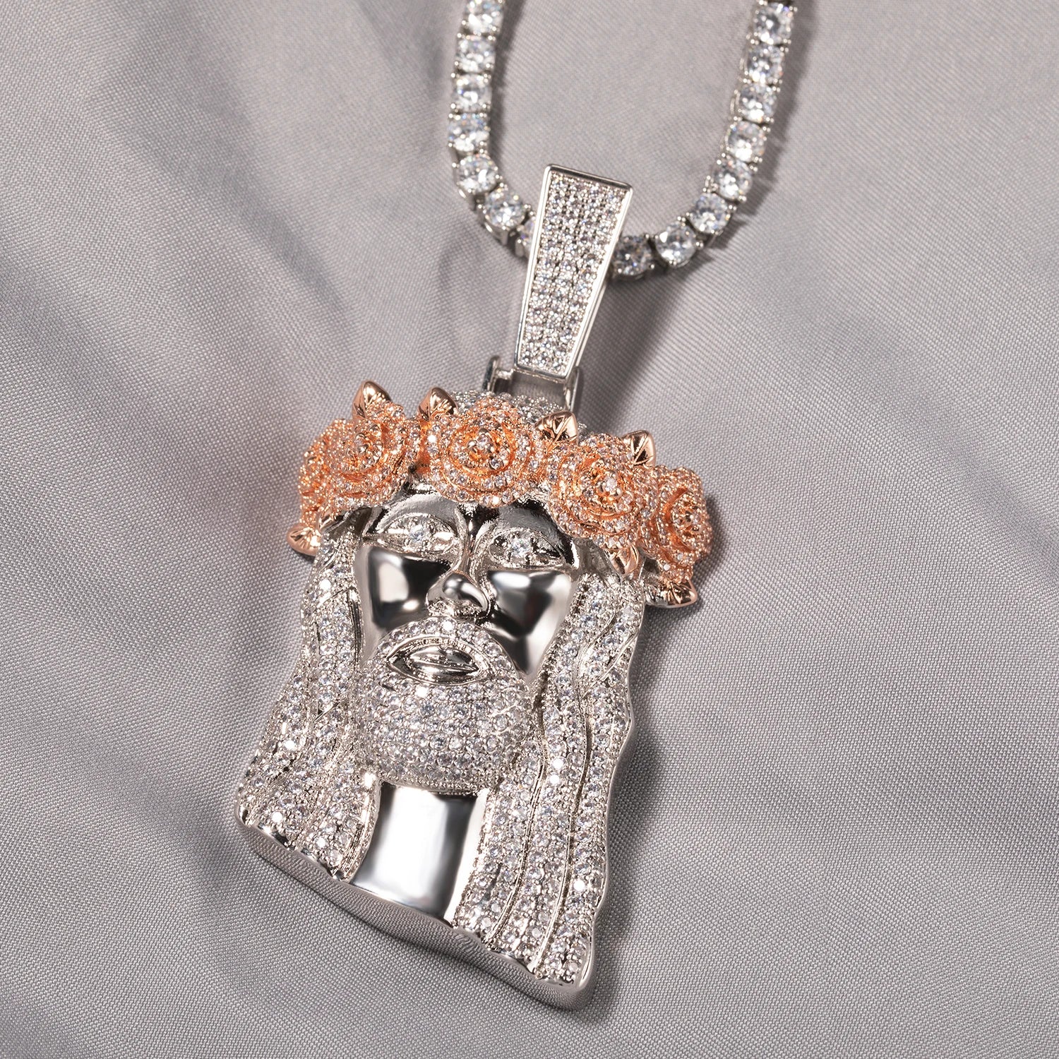 UWIN Iced Out 2 Tone Jesus Pendant Necklaces with Rose Prong Setting 5A+ Cubic Zirconia Charms Fashion Jewelry for Gift