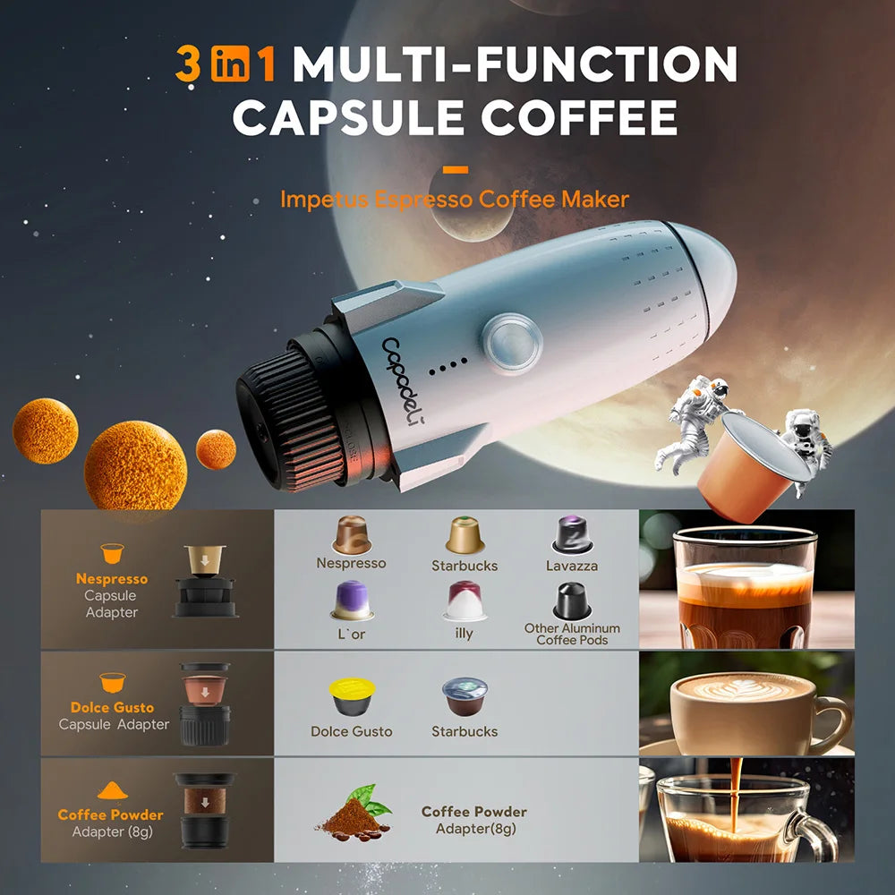 Portable Electric Espresso Machine Travel Coffee Maker for Camping 3 in 1 Self-Heating for Ground Coffee & DG NS Capsule Pods