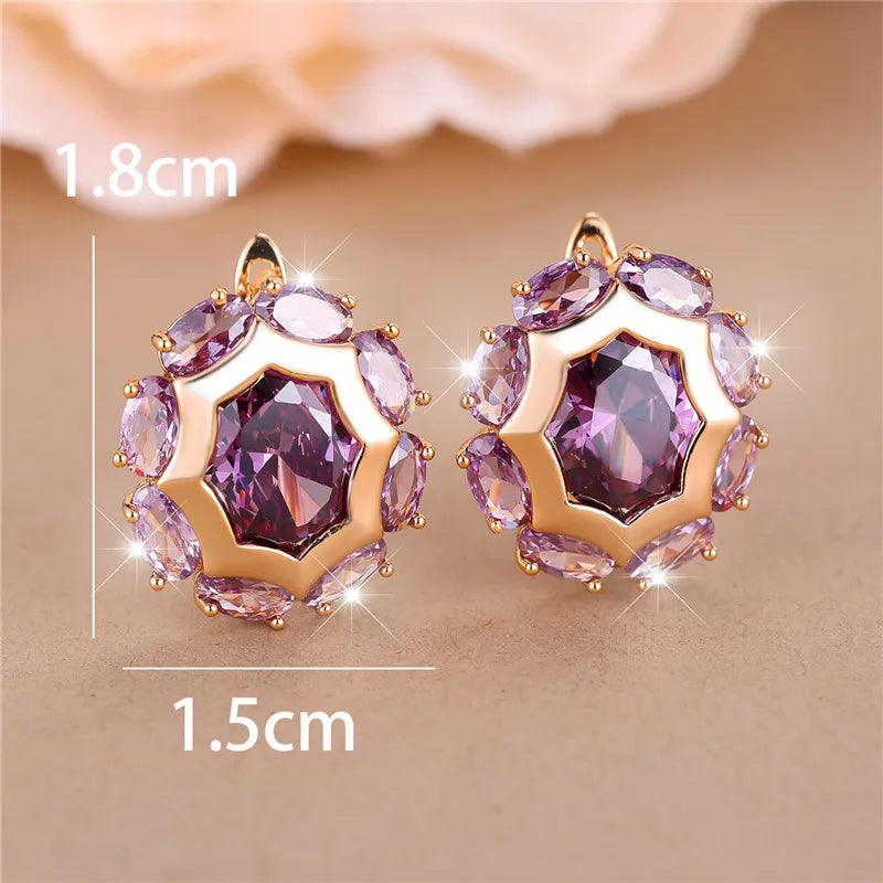 Luxury Female Purple Zircon Stone Clip Earrings Charm Gold Color Wedding Jewelry For Women