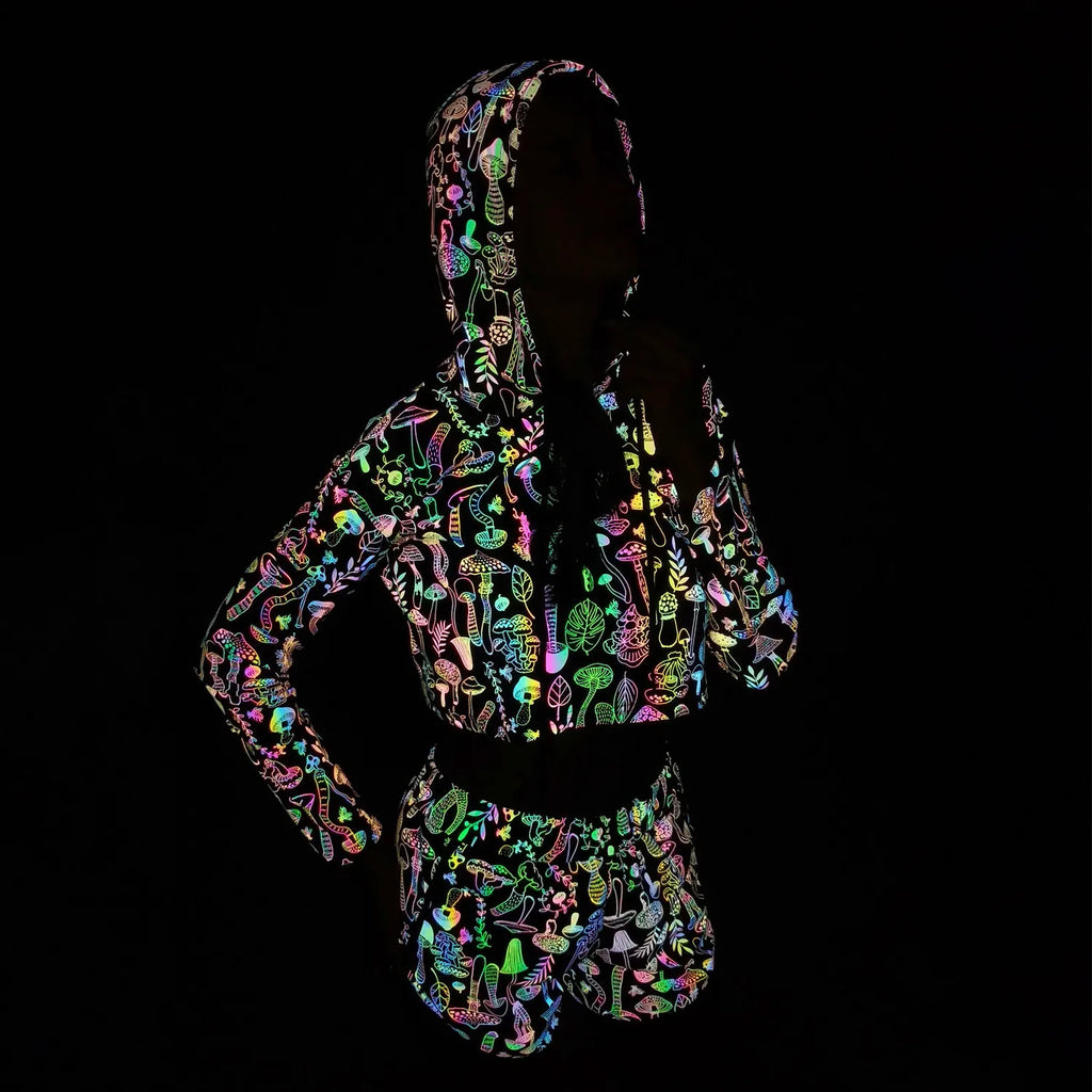 Spring Autumn Women Colorful Reflective Pullover Hoodies Y2K Harajuku Mushroom Printed Long Sleeve Crop Tops sudadera кофта