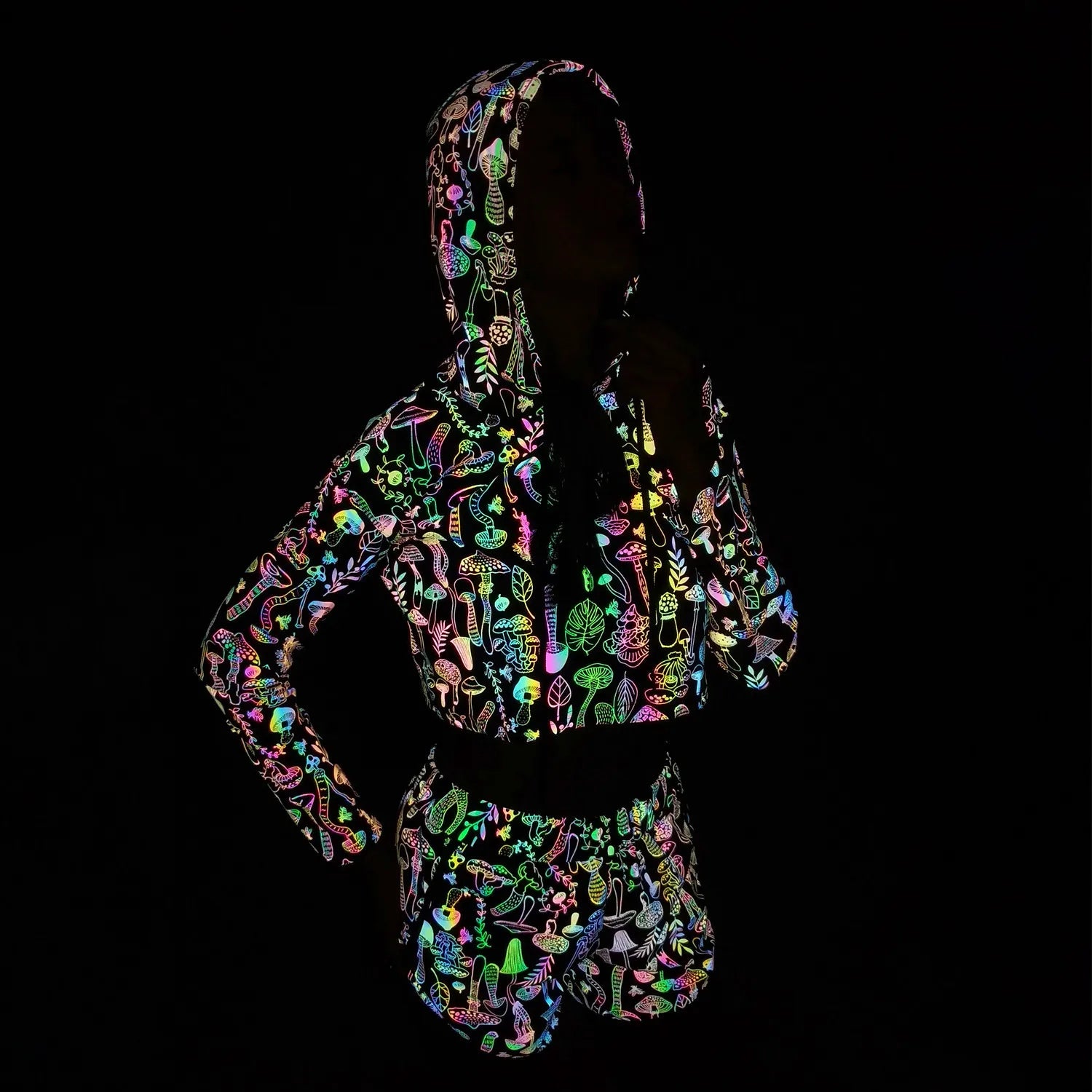 Spring Autumn Women Colorful Reflective Pullover Hoodies Y2K Harajuku Mushroom Printed Long Sleeve Crop Tops sudadera кофта