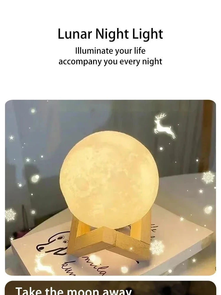 Lunar LED Night Light, Dimmable Bedroom Lamp, USB Powered Ambient Lighting for Desk, Camping, Gift, 3 Color Changing Mood Lamp
