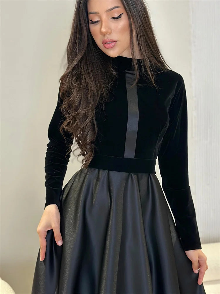 Elegant Dresses Slim Spring Autumn Evening Dresses Female Solid Velvet Dress Ladies Waisted Long Round-Neck Clothes for Women