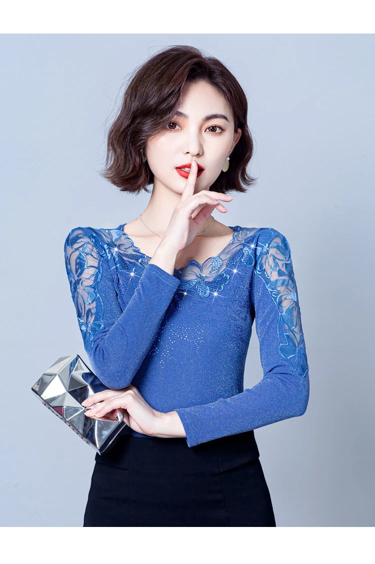 Spring Autumn Long Sleeve Mesh Shirt Round Neck Patchwork Women Lace Tops Korean Fashion Diamond T Shirt
