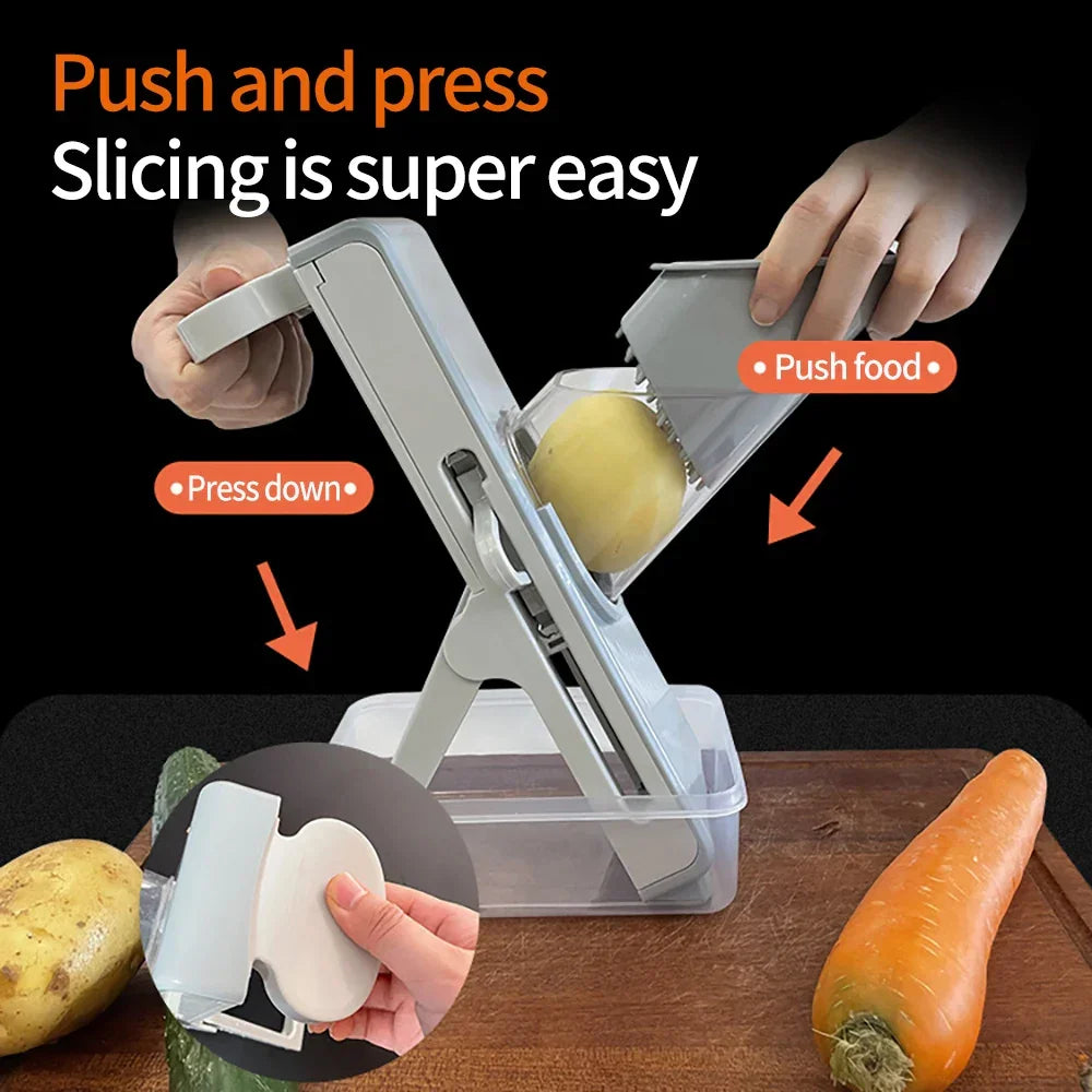 Adjustable kitchen slicer cutting potato and carrot with easy push and press mechanism.