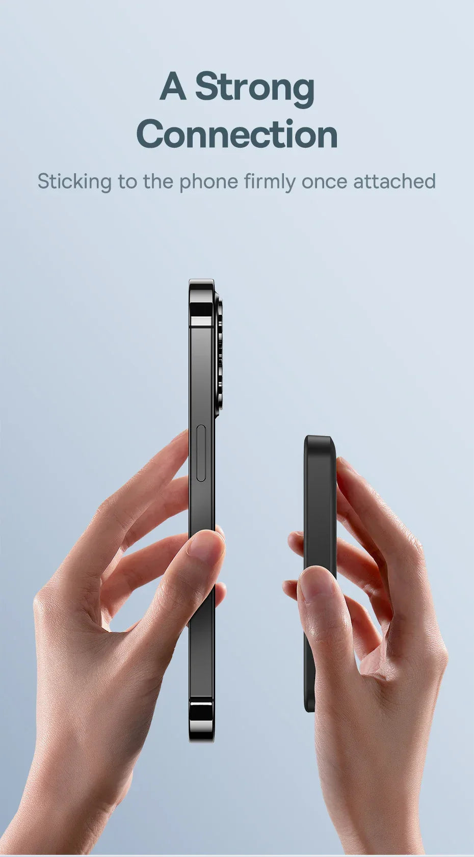 Hands holding a smartphone and magnetic accessory side by side, strong connection feature