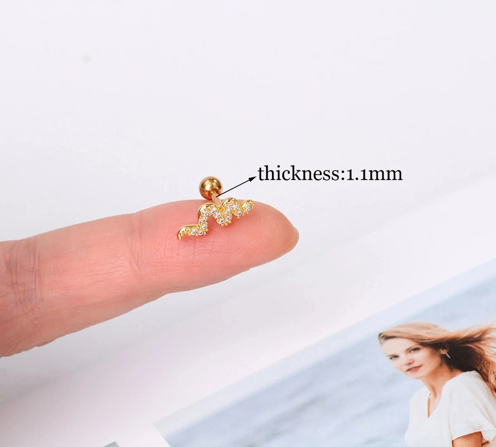 1PC New Curved Cz Cartilage Stud Moon Leaf  Helix Rook Conch Screw Back Earring Stainless Steel Bar Ear Piercing Jewelry