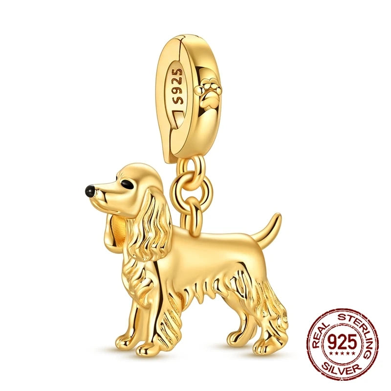 925 Sterling Silver Golden 3D Cocker Spaniel Dog Charm Fit Bracelet 2026 New Year Gifts Fashion Animal Jewelry for Women Girls