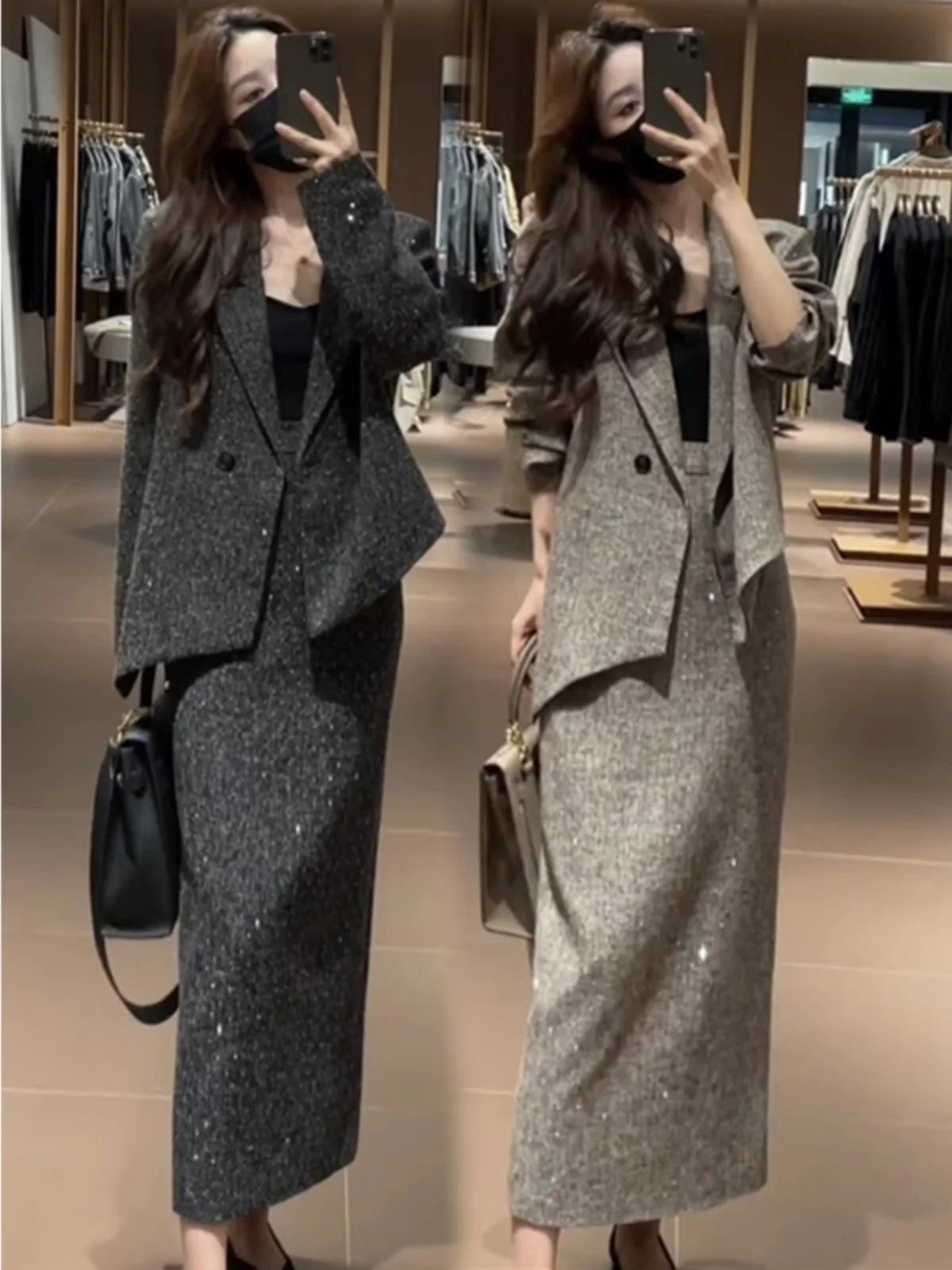 Spring Faion Diamond Embedded Suit Women's Sli f-length Skirt Quali Small Fraance Sle Two-piece Set