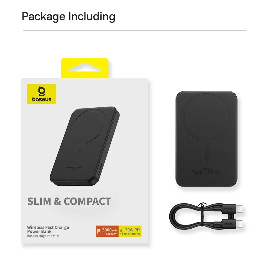 Black Baseus magnetic wireless fast charging power bank with USB-C cable and retail packaging.