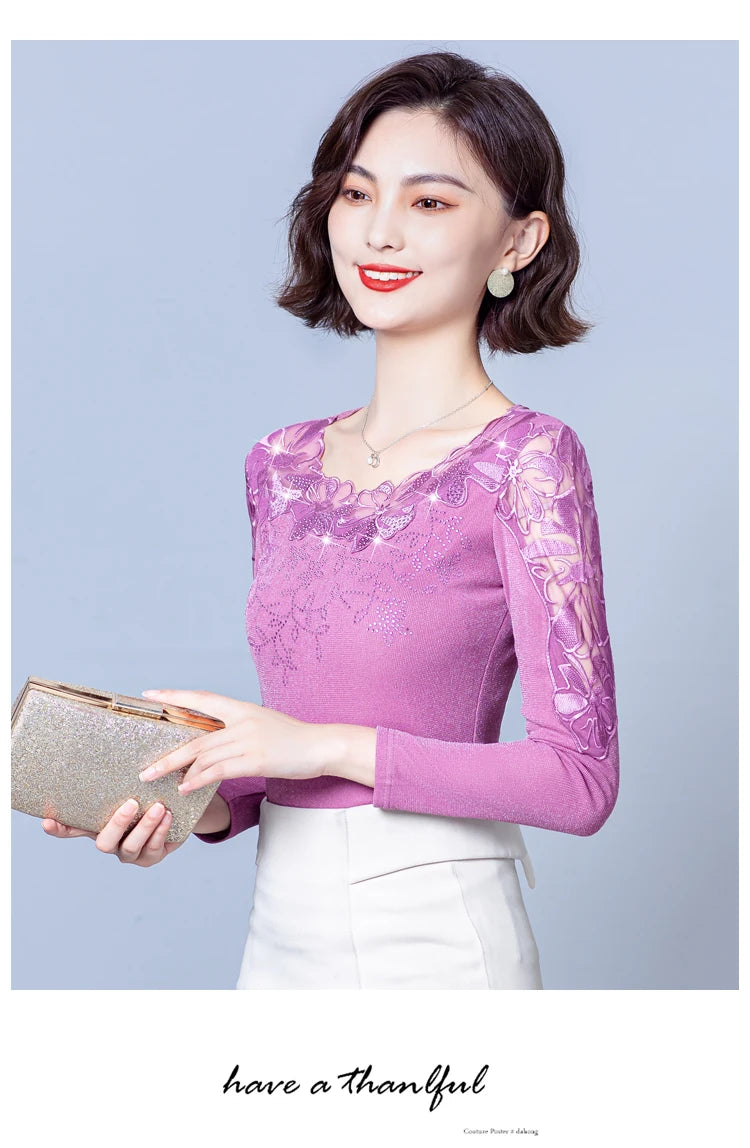 Spring Autumn Long Sleeve Mesh Shirt Round Neck Patchwork Women Lace Tops Korean Fashion Diamond T Shirt