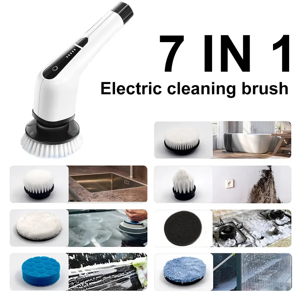 Cordless Power Scrubber 7 In 1 Multipurpose Electric Spin Cleaner with 8 Replacement Brush Heads Rotatable for Bathroom Tub Tile