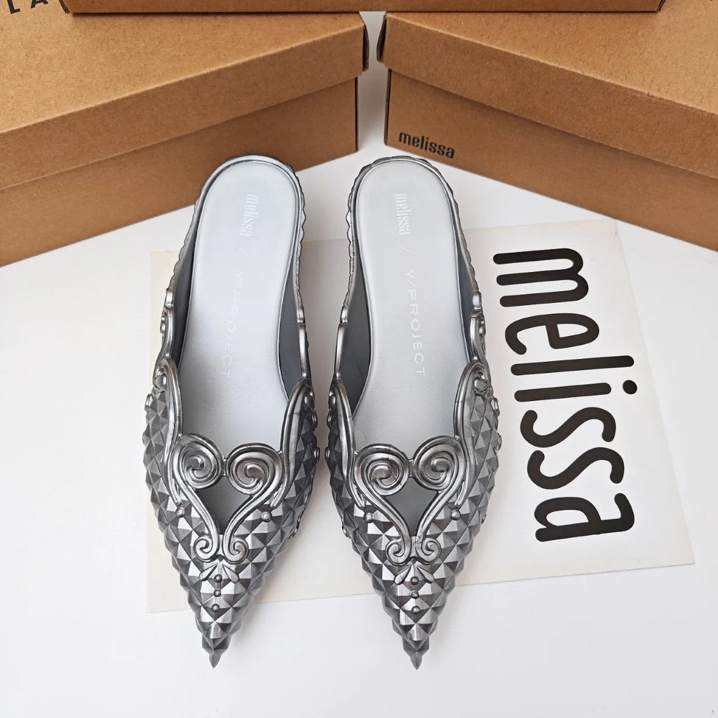 Women Sandals 2025 Spring Melissa Woman Slingback Shoes Fashion Ladies High Heels Elegant Med Heel Pointed Toe Slip on Sandal