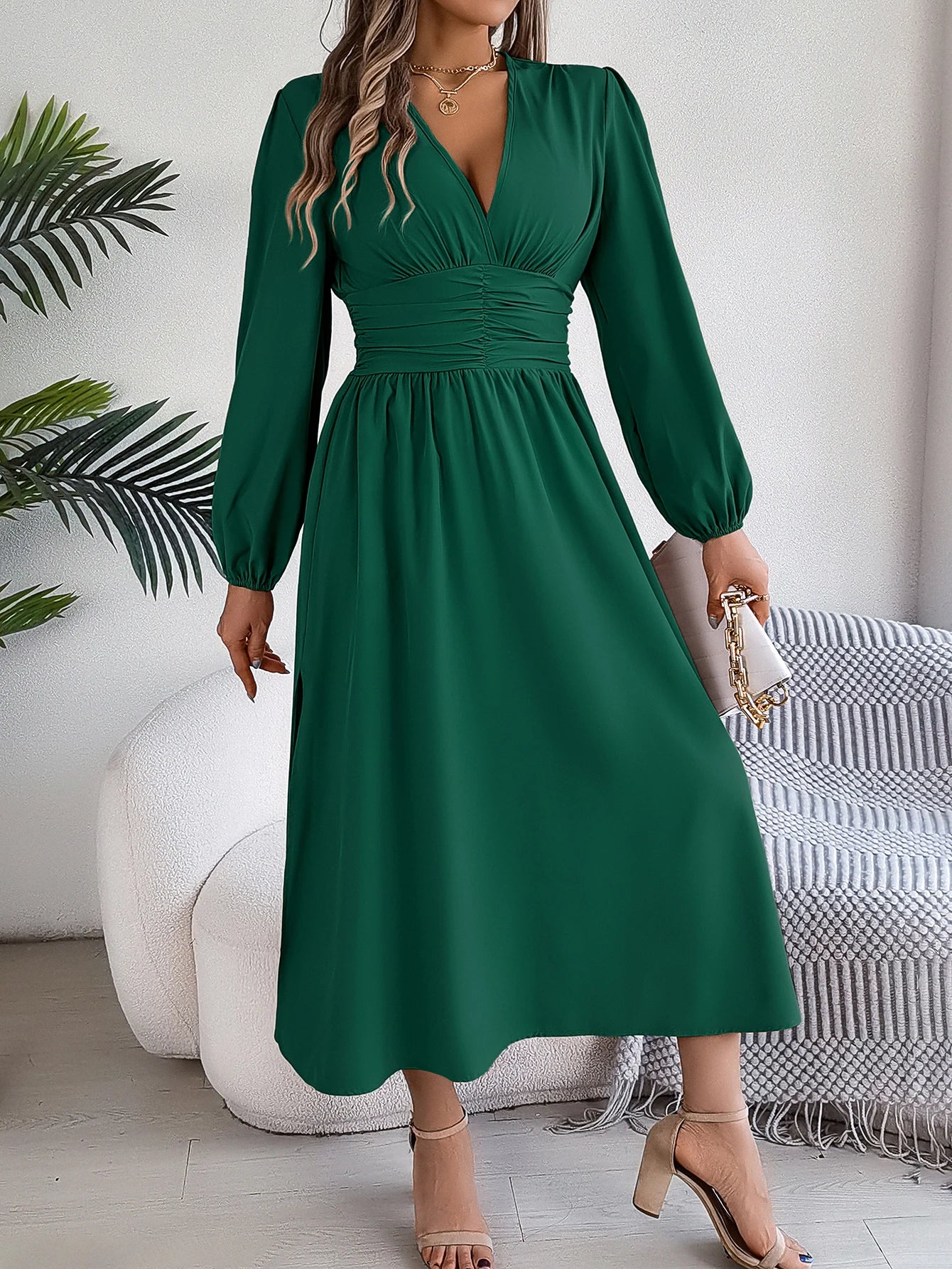 Spring Summer Vacation High Split V-Neck Long Sleeve Dresses for Women Bridesmaid Dress