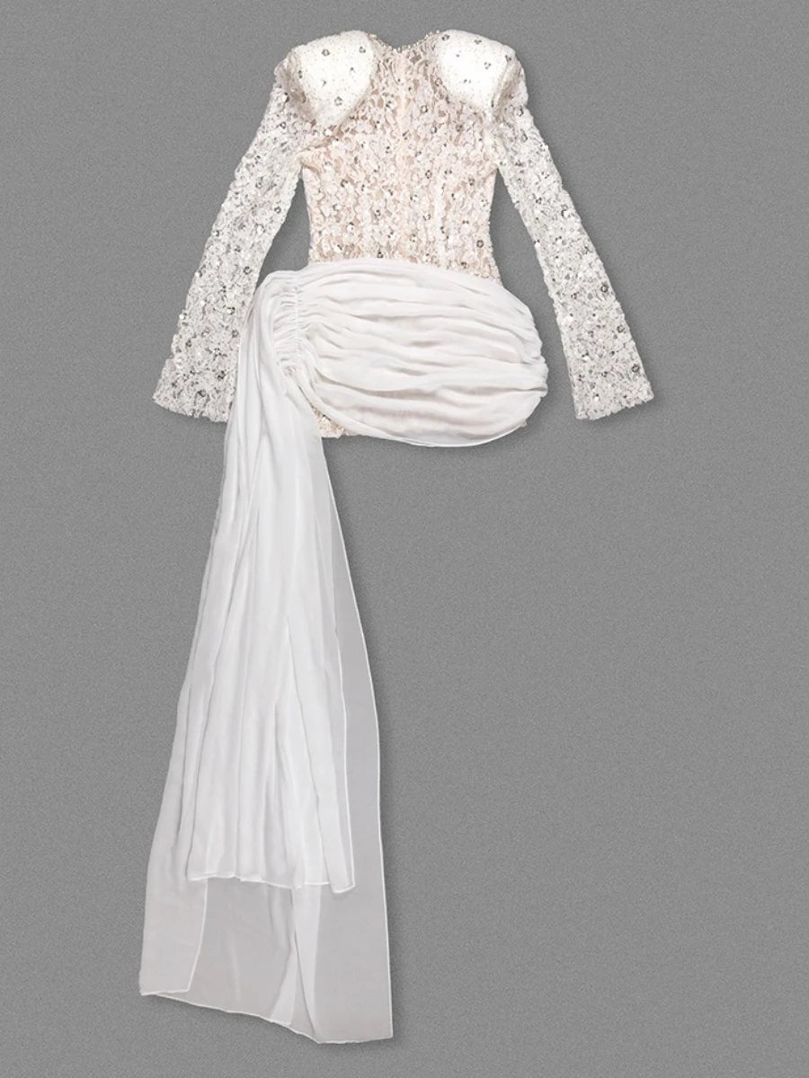 TWOTWINSTYLE Slimming Sheer Spliced Lace Temperament Dresses for Women O Neck Long Sleeves Patchwork Sequins Dress Female New
