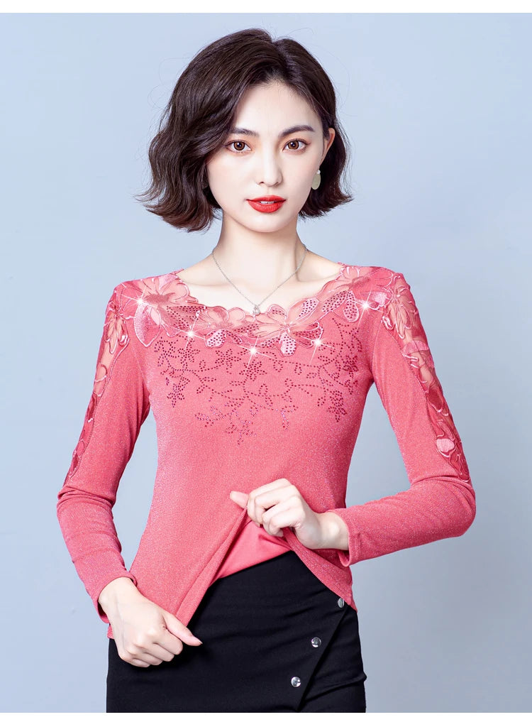 Spring Autumn Long Sleeve Mesh Shirt Round Neck Patchwork Women Lace Tops Korean Fashion Diamond T Shirt