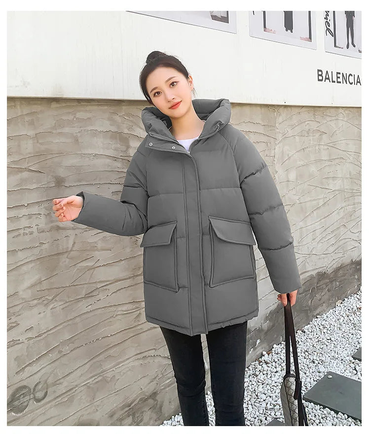 Clothing Women Cotton-Padded Jacket 2025 New Casual Elegant Loose Solid Color Warm Hooded Winter Warm Women Cotton Jacket H537