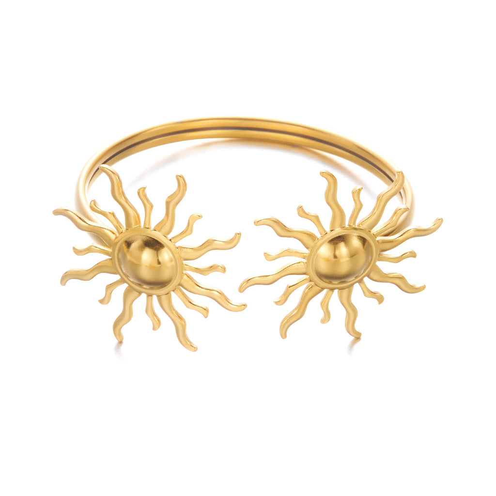 New Classic Sun Moon Pattern Open Bangles Bracelet For Women Gold Color Stainless Steel Heart Cuff Bracelet Hand Ornament Gift