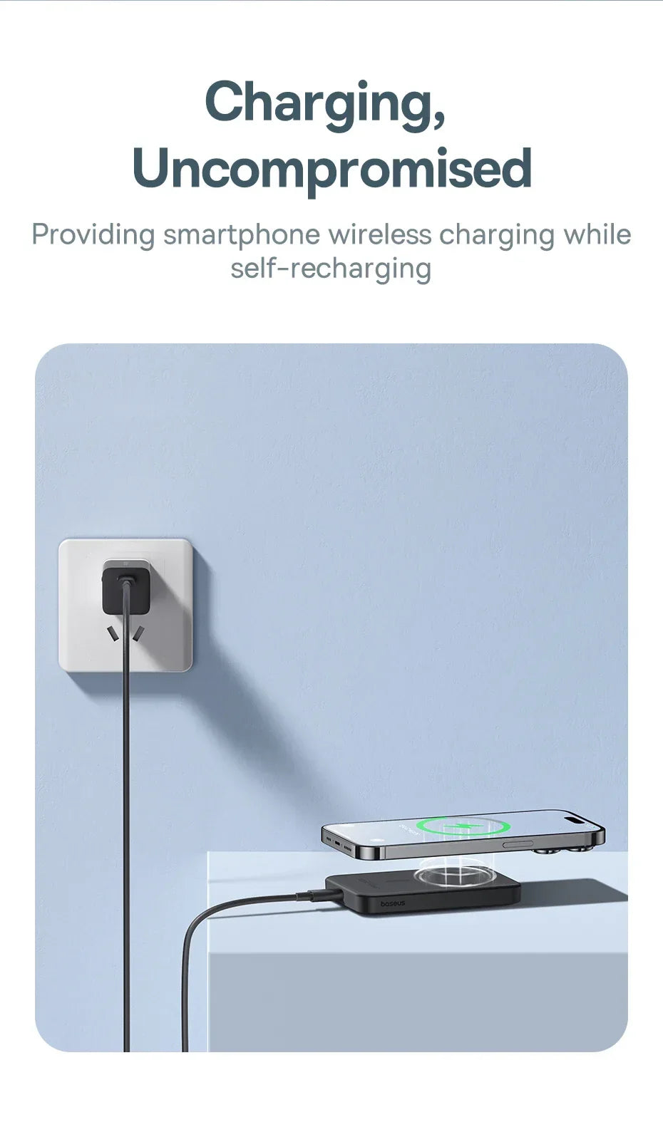 Wireless charging pad powering smartphone while plugged into wall outlet