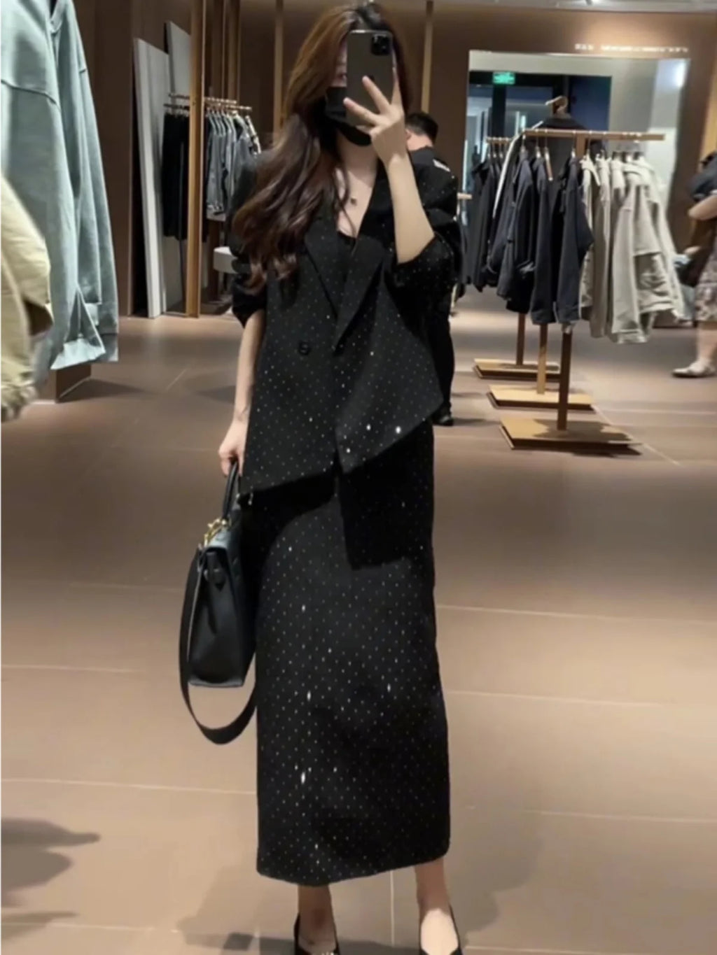 Spring Faion Diamond Embedded Suit Women's Sli f-length Skirt Quali Small Fraance Sle Two-piece Set