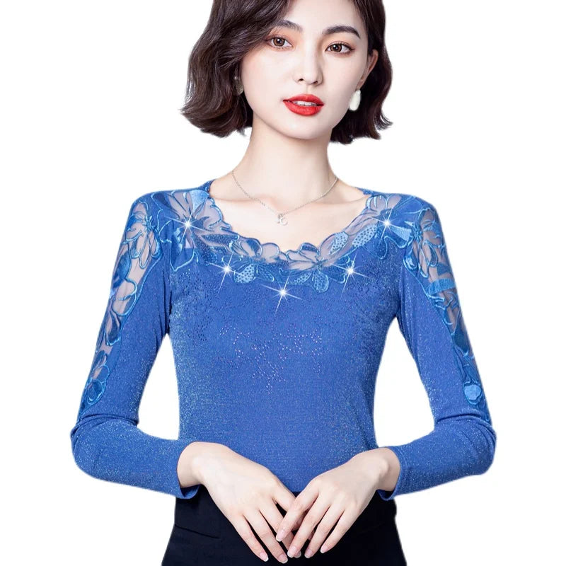 Spring Autumn Long Sleeve Mesh Shirt Round Neck Patchwork Women Lace Tops Korean Fashion Diamond T Shirt