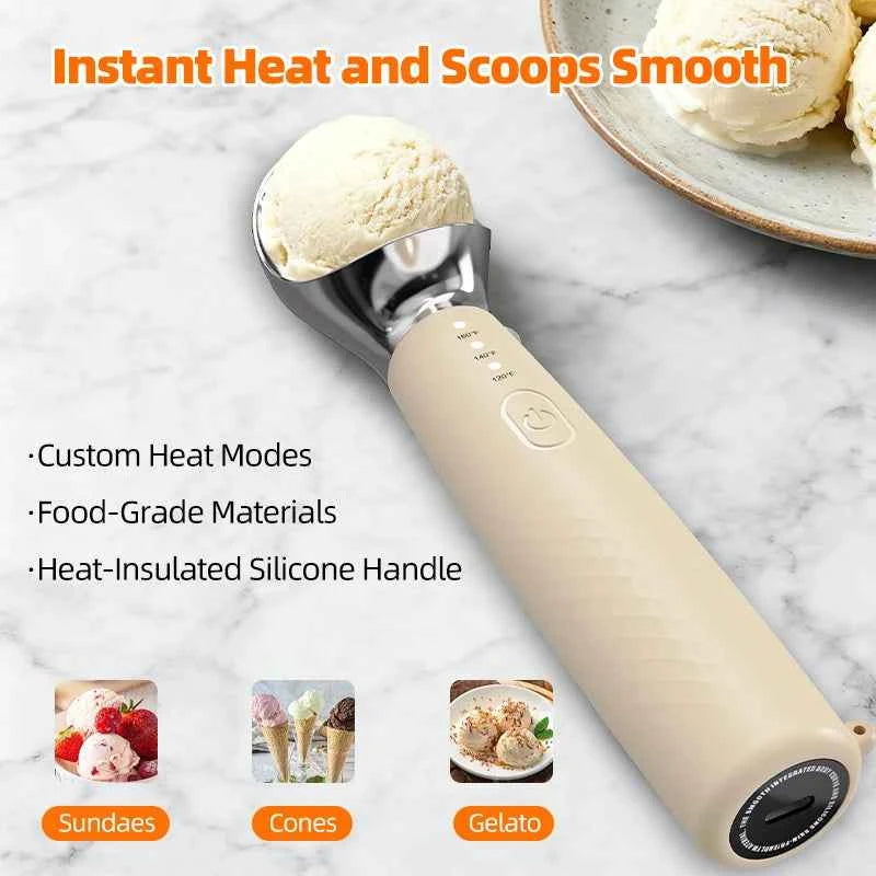 Heated Ice Cream Scoop Spoon, 3 Temperature Settings 120°F/140°F/160°F, 2600mAh Rechargeable, IPX6 Waterproof, Easy Scooping